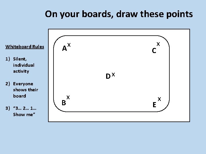 On your boards, draw these points Whiteboard Rules A x 1) Silent, individual activity