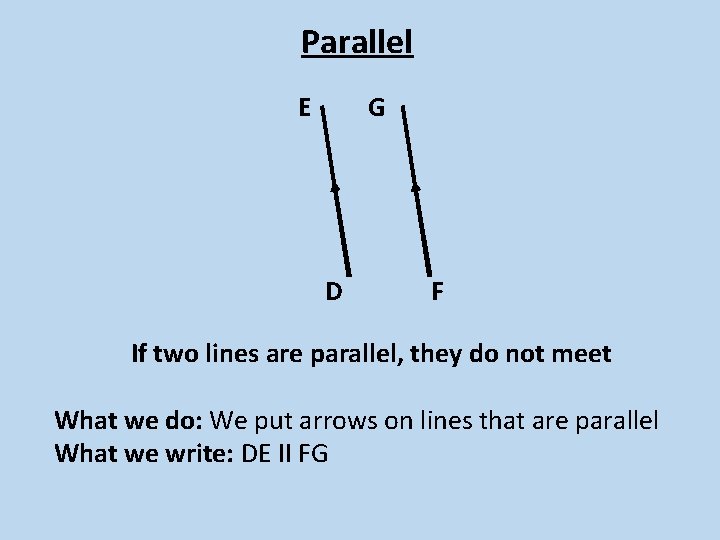 Parallel E G D F If two lines are parallel, they do not meet
