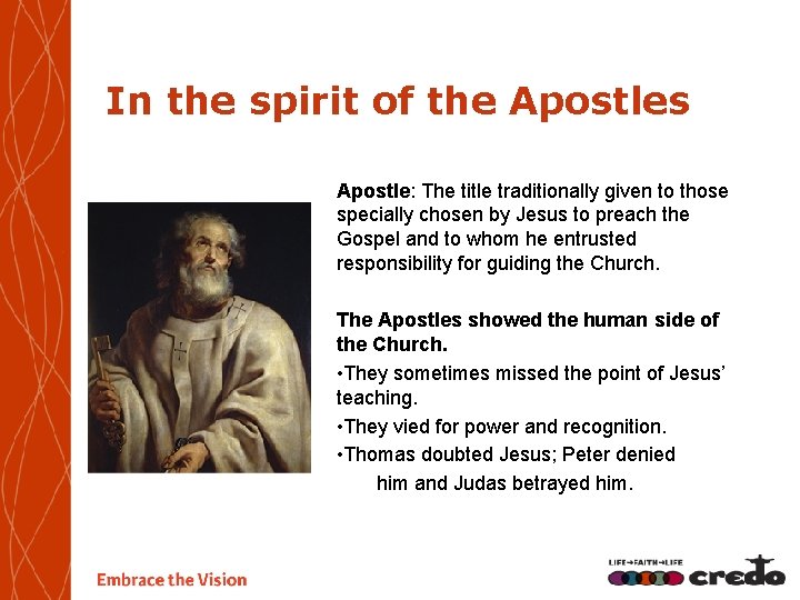 In the spirit of the Apostles Apostle: The title traditionally given to those specially