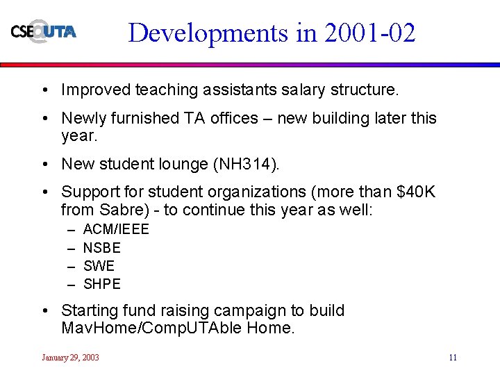 Developments in 2001 -02 • Improved teaching assistants salary structure. • Newly furnished TA