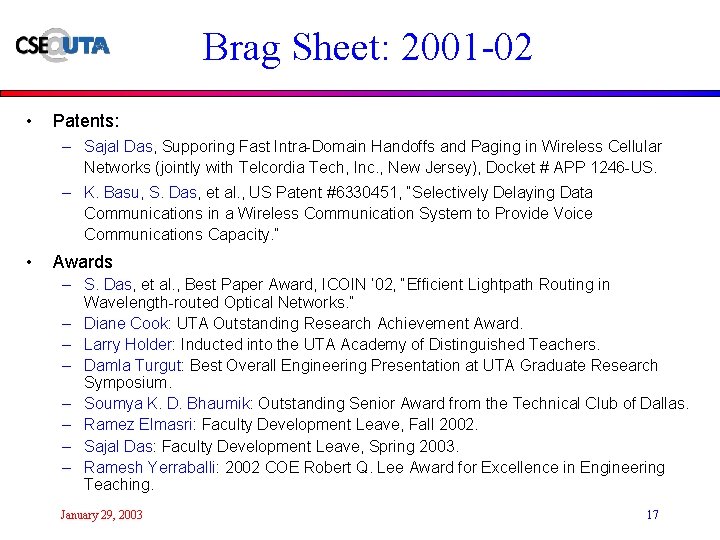 Brag Sheet: 2001 -02 • Patents: – Sajal Das, Supporing Fast Intra-Domain Handoffs and