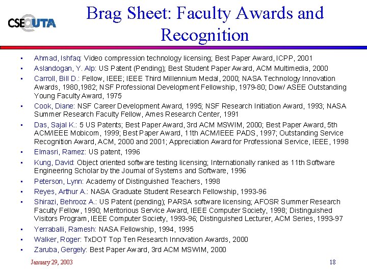 Brag Sheet: Faculty Awards and Recognition • • • • Ahmad, Ishfaq: Video compression
