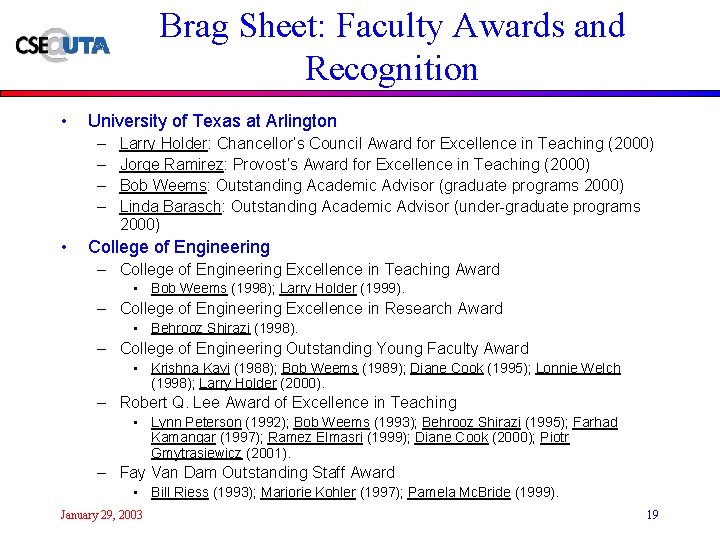 Brag Sheet: Faculty Awards and Recognition • University of Texas at Arlington – –