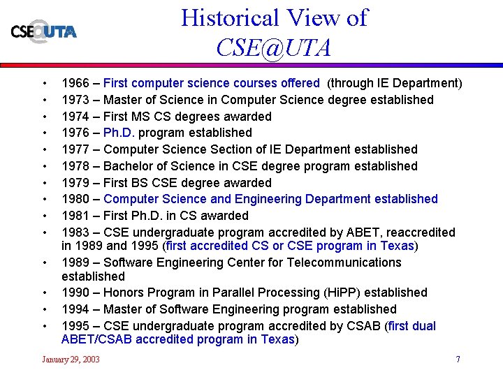 Historical View of CSE@UTA • • • • 1966 – First computer science courses