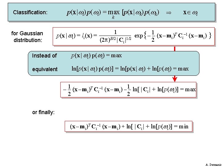 p(x| i) p( i) = max [p(x| k) p( k) Classification: for Gaussian distribution: