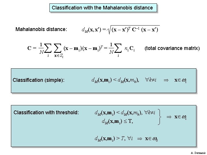 Classification with the Mahalanobis distance: C= 1 N i d. M(x, x ) =