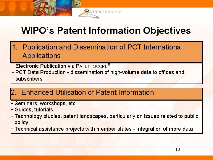 WIPO’s Patent Information Objectives 1. Publication and Dissemination of PCT International Applications - Electronic