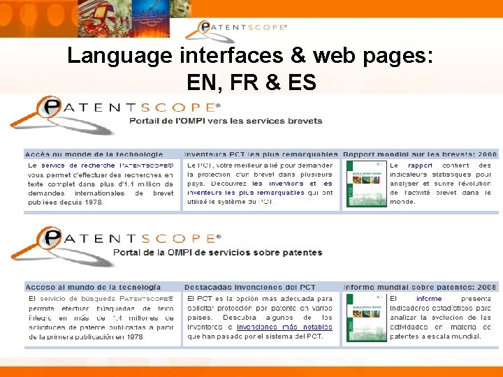 Language interfaces & web pages: EN, FR & ES 13 