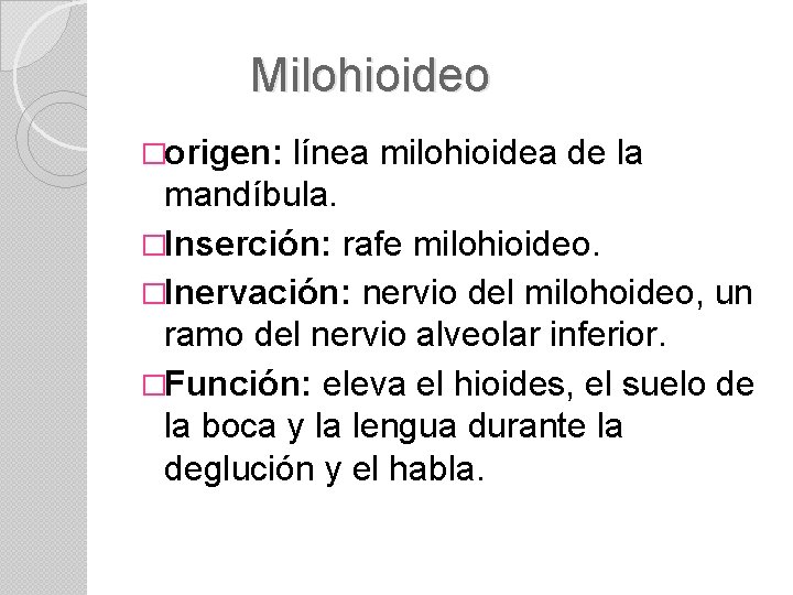 Milohioideo �origen: línea milohioidea de la mandíbula. �Inserción: rafe milohioideo. �Inervación: nervio del milohoideo,