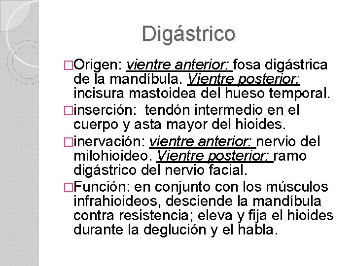 Digástrico �Origen: vientre anterior: fosa digástrica de la mandíbula. Vientre posterior: incisura mastoidea del