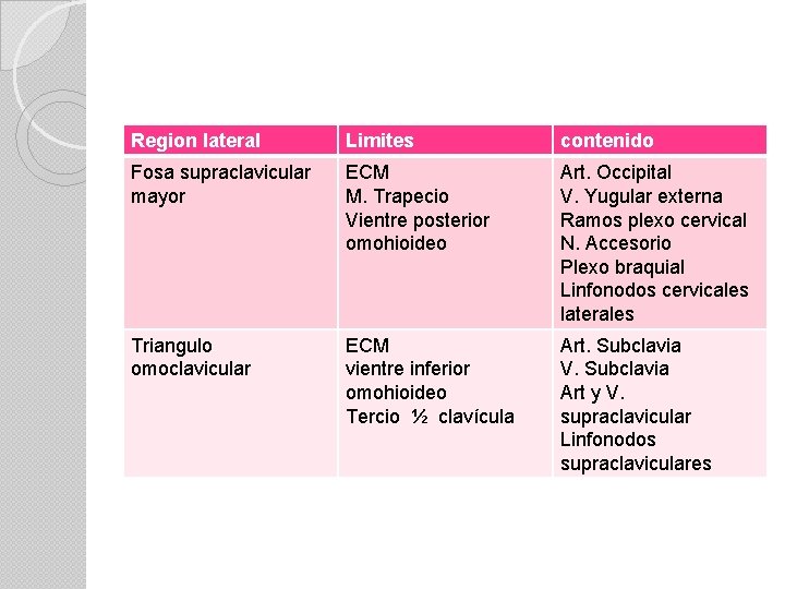 Region lateral Limites contenido Fosa supraclavicular mayor ECM M. Trapecio Vientre posterior omohioideo Art.