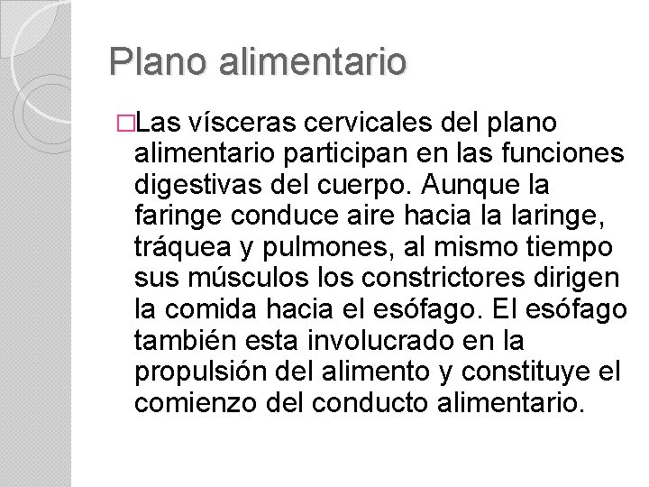 Plano alimentario �Las vísceras cervicales del plano alimentario participan en las funciones digestivas del