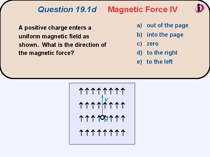 Question 19. 1 d Magnetic Force IV A positive charge enters a uniform magnetic