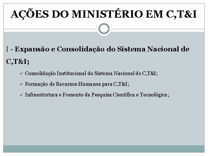 AÇÕES DO MINISTÉRIO EM C, T&I I - Expansão e Consolidação do Sistema Nacional