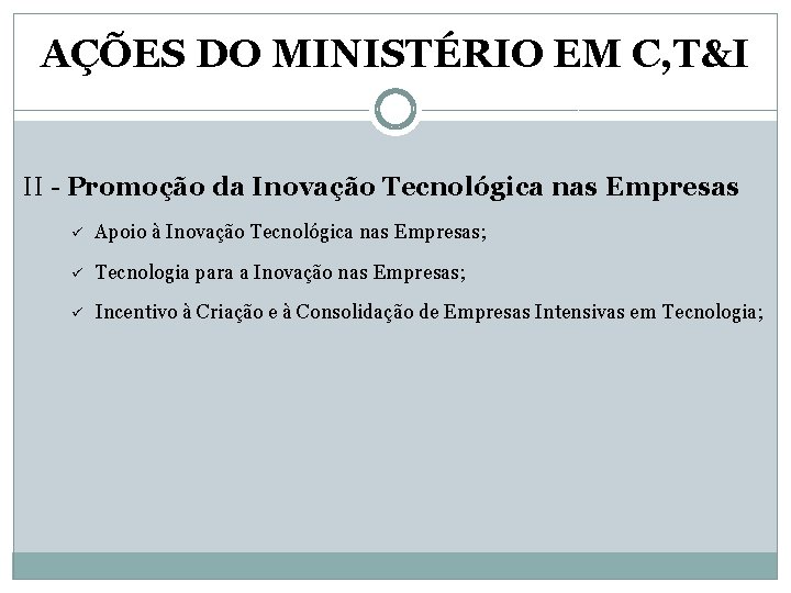 AÇÕES DO MINISTÉRIO EM C, T&I II - Promoção da Inovação Tecnológica nas Empresas