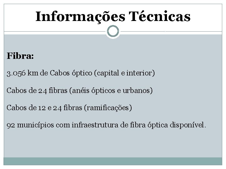 Informações Técnicas Fibra: 3. 056 km de Cabos óptico (capital e interior) Cabos de