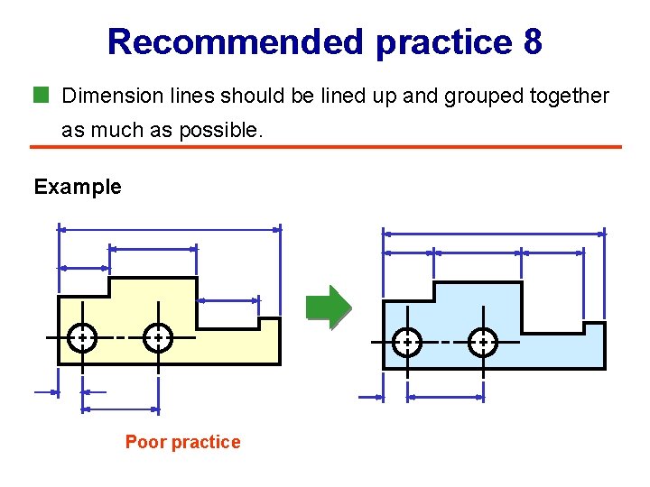 Recommended practice 8 Dimension lines should be lined up and grouped together as much