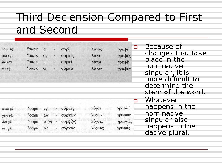 Third Declension Compared to First and Second o o Because of changes that take