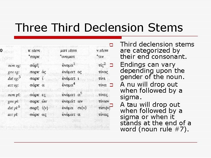Three Third Declension Stems o o Third declension stems are categorized by their end