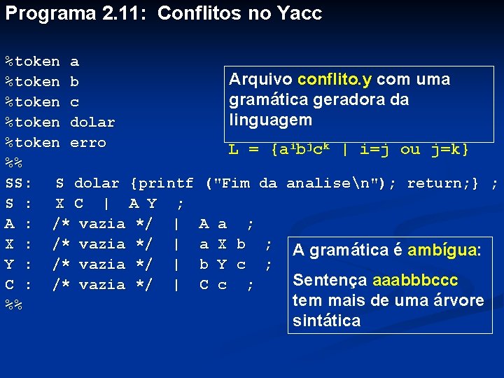 Programa 2. 11: Conflitos no Yacc %token a %token b %token c %token dolar