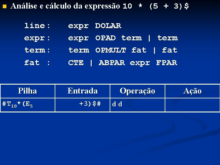 n Análise e cálculo da expressão 10 * (5 + 3)$ line : expr