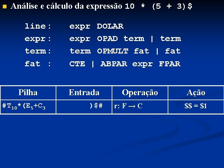 n Análise e cálculo da expressão 10 * (5 + 3)$ line : expr