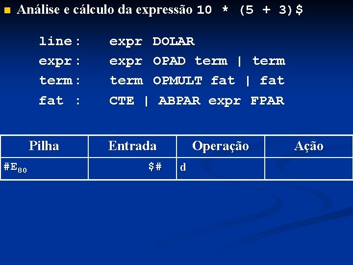 n Análise e cálculo da expressão 10 * (5 + 3)$ line : expr