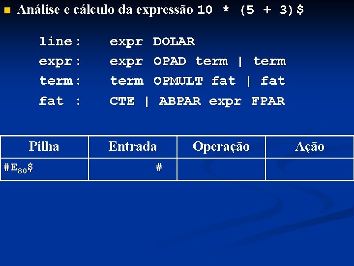 n Análise e cálculo da expressão 10 * (5 + 3)$ line : expr