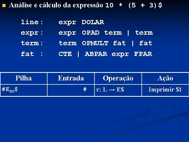 n Análise e cálculo da expressão 10 * (5 + 3)$ line : expr