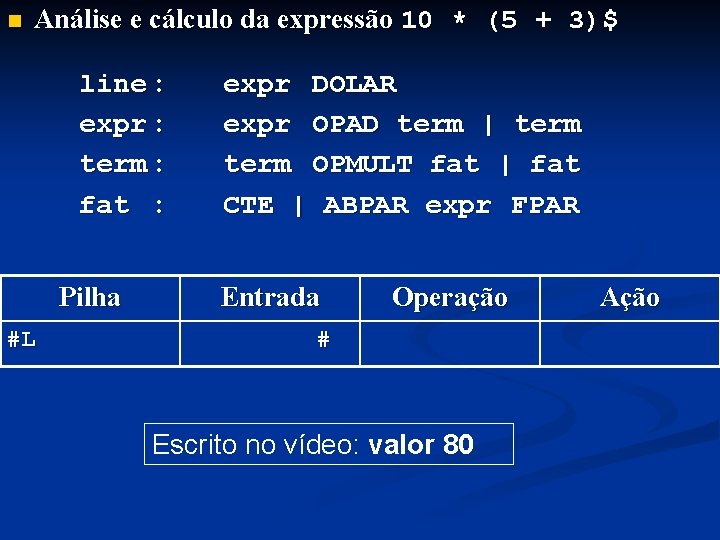 n Análise e cálculo da expressão 10 * (5 + 3)$ line : expr