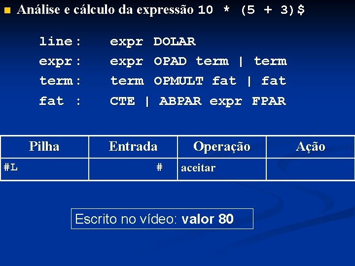 n Análise e cálculo da expressão 10 * (5 + 3)$ line : expr