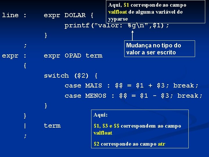 line : ; expr : { Aqui, $1 corresponde ao campo valfloat de alguma