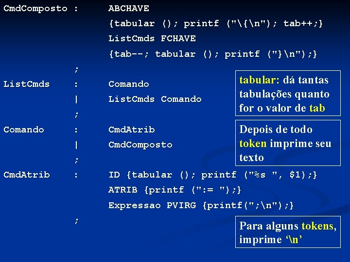 Cmd. Composto : ABCHAVE {tabular (); printf ("{n"); tab++; } List. Cmds FCHAVE {tab--;