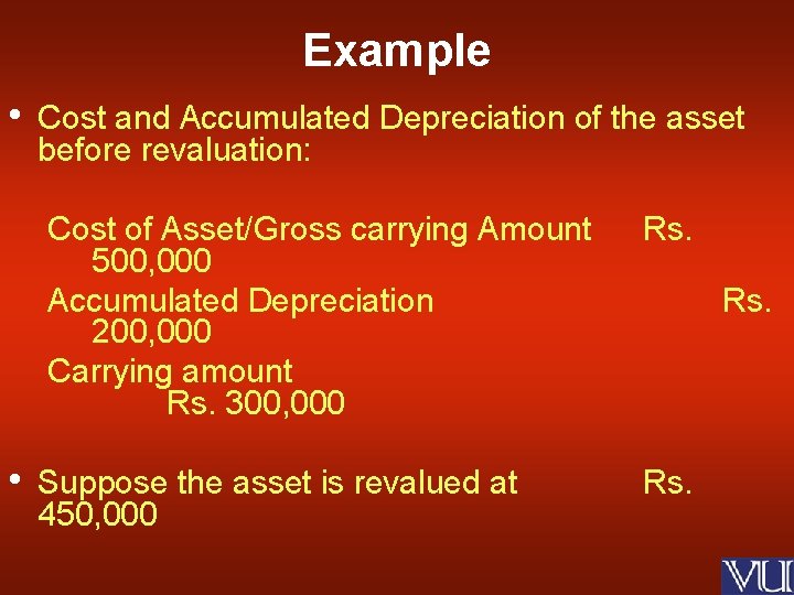 Example • • Cost and Accumulated Depreciation of the asset before revaluation: Cost of