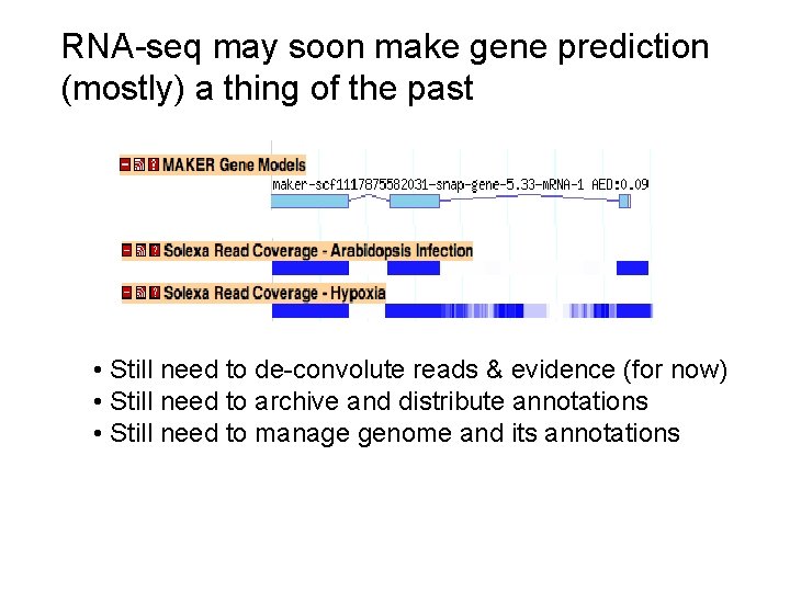 RNA-seq may soon make gene prediction (mostly) a thing of the past • Still RNA-seq may soon make gene prediction (mostly) a thing of the past • Still