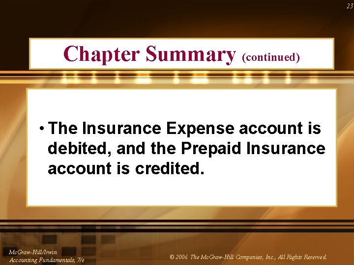 23 Chapter Summary (continued) • The Insurance Expense account is debited, and the Prepaid