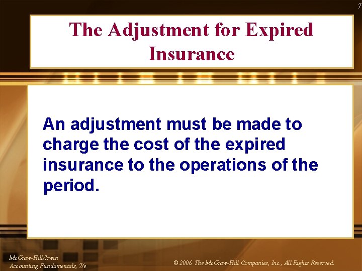 7 The Adjustment for Expired Insurance An adjustment must be made to charge the