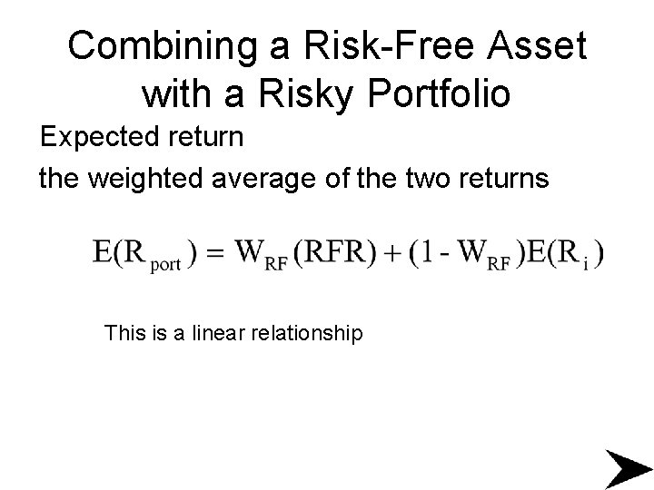 Combining a Risk-Free Asset with a Risky Portfolio Expected return the weighted average of