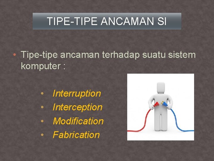 TIPE-TIPE ANCAMAN SI • Tipe-tipe ancaman terhadap suatu sistem komputer : • • Interruption