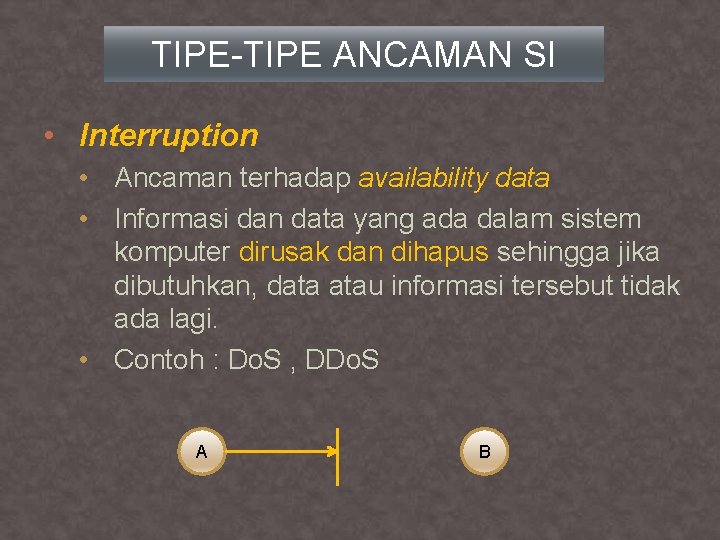 TIPE-TIPE ANCAMAN SI • Interruption • Ancaman terhadap availability data • Informasi dan data