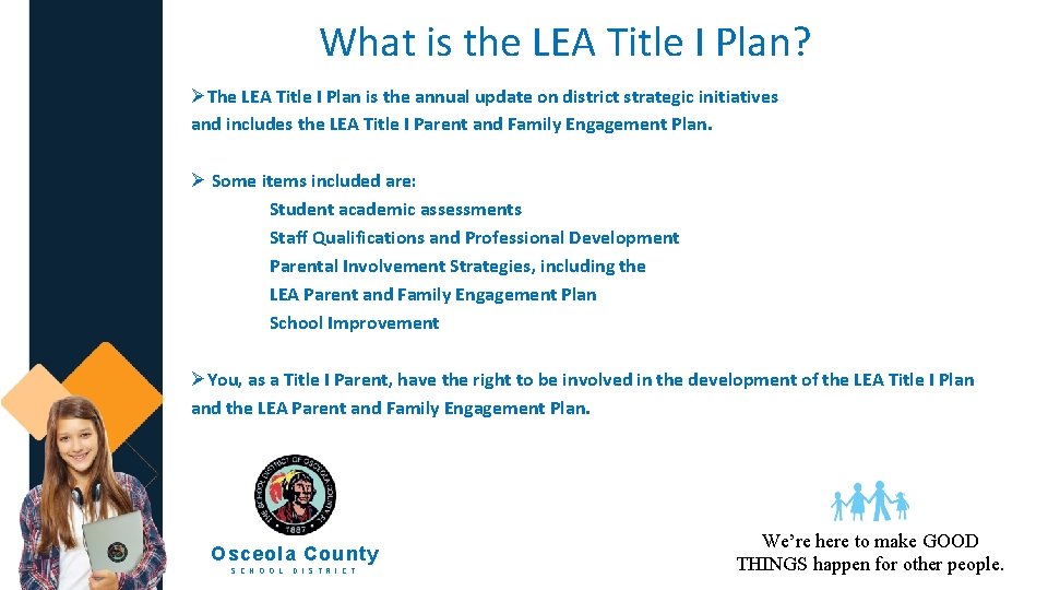 What is the LEA Title I Plan? ØThe LEA Title I Plan is the