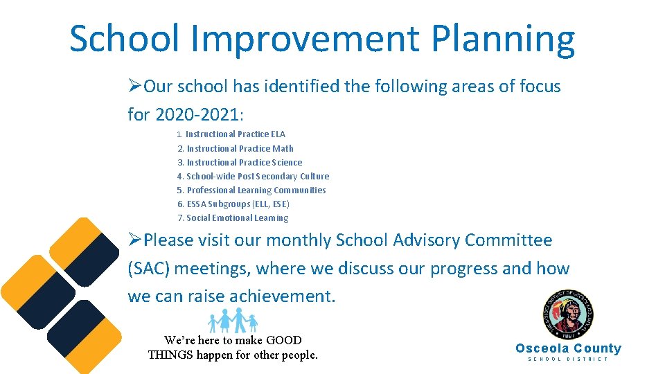School Improvement Planning ØOur school has identified the following areas of focus for 2020