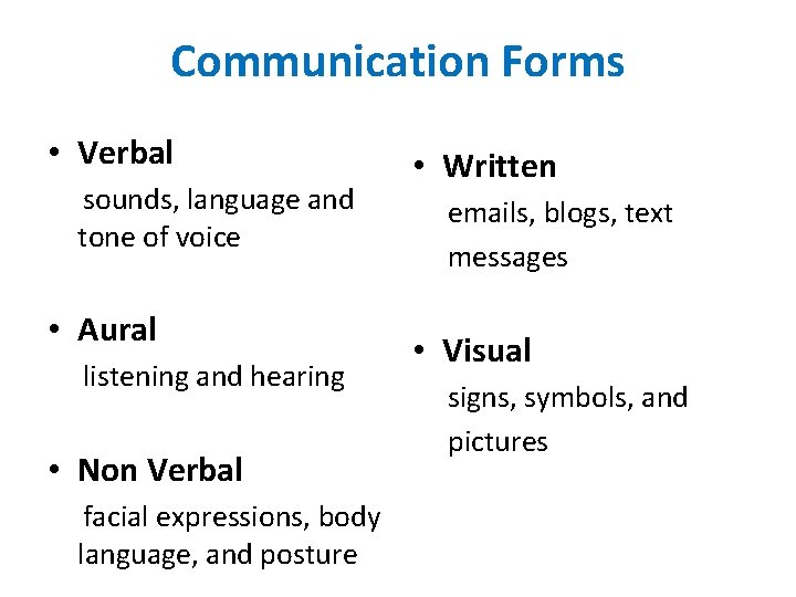 Communication Forms • Verbal sounds, language and tone of voice • Aural listening and