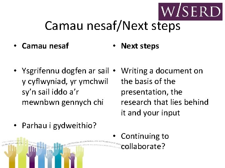 Camau nesaf/Next steps • Camau nesaf • Next steps • Ysgrifennu dogfen ar sail