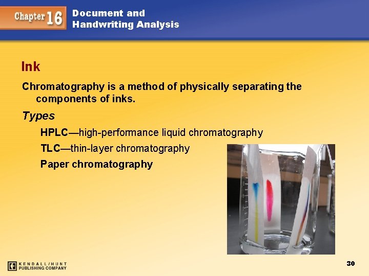 Document and Handwriting Analysis Ink Chromatography is a method of physically separating the components