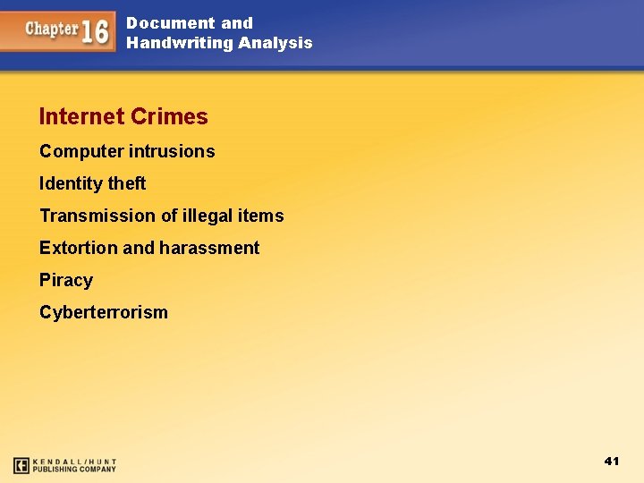 Document and Handwriting Analysis Internet Crimes Computer intrusions Identity theft Transmission of illegal items