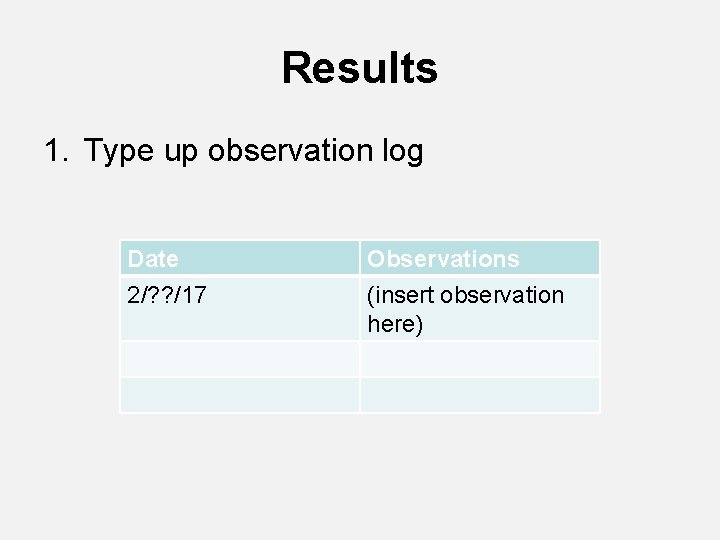 Results 1. Type up observation log Date 2/? ? /17 Observations (insert observation here) Results 1. Type up observation log Date 2/? ? /17 Observations (insert observation here)