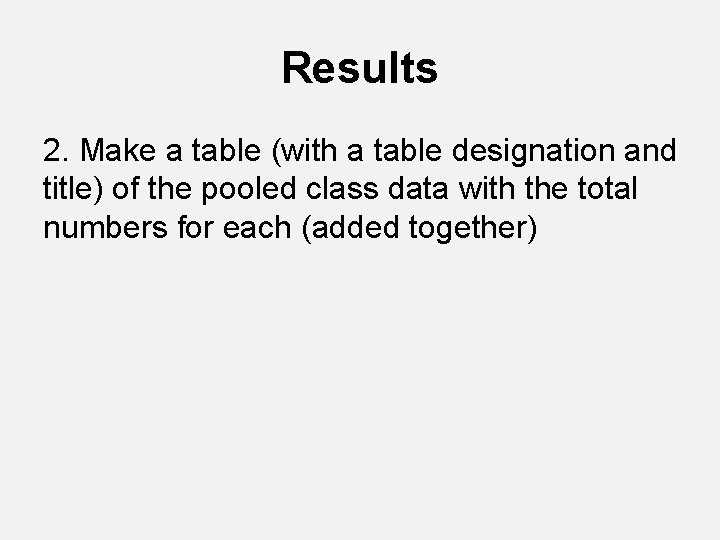 Results 2. Make a table (with a table designation and title) of the pooled Results 2. Make a table (with a table designation and title) of the pooled