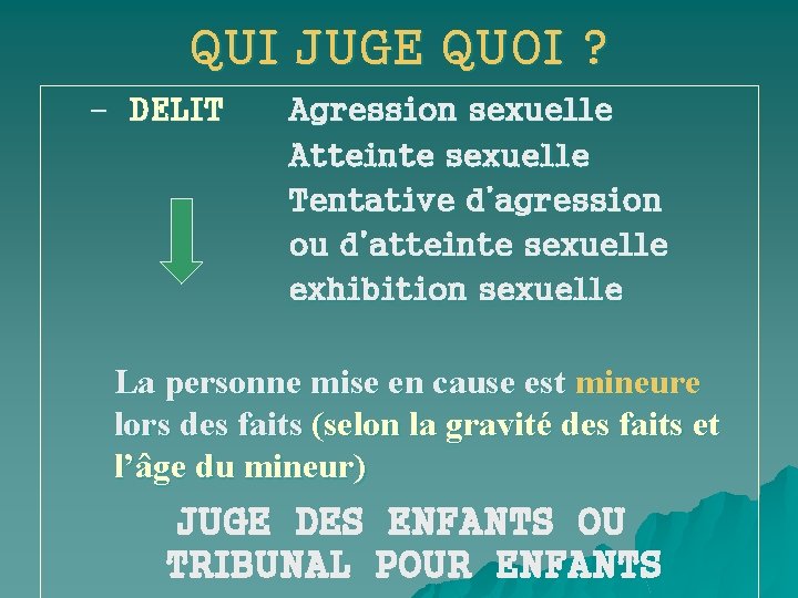 QUI JUGE QUOI ? – DELIT Agression sexuelle Atteinte sexuelle Tentative d’agression ou d’atteinte