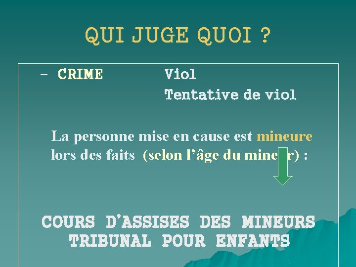 QUI JUGE QUOI ? – CRIME Viol Tentative de viol La personne mise en